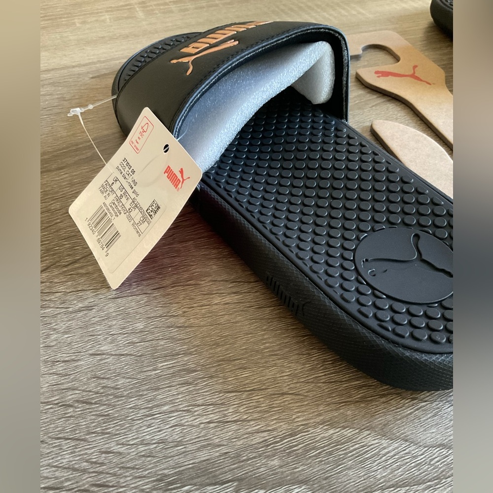 PUMA slide sandals: blk and rose gold NWT